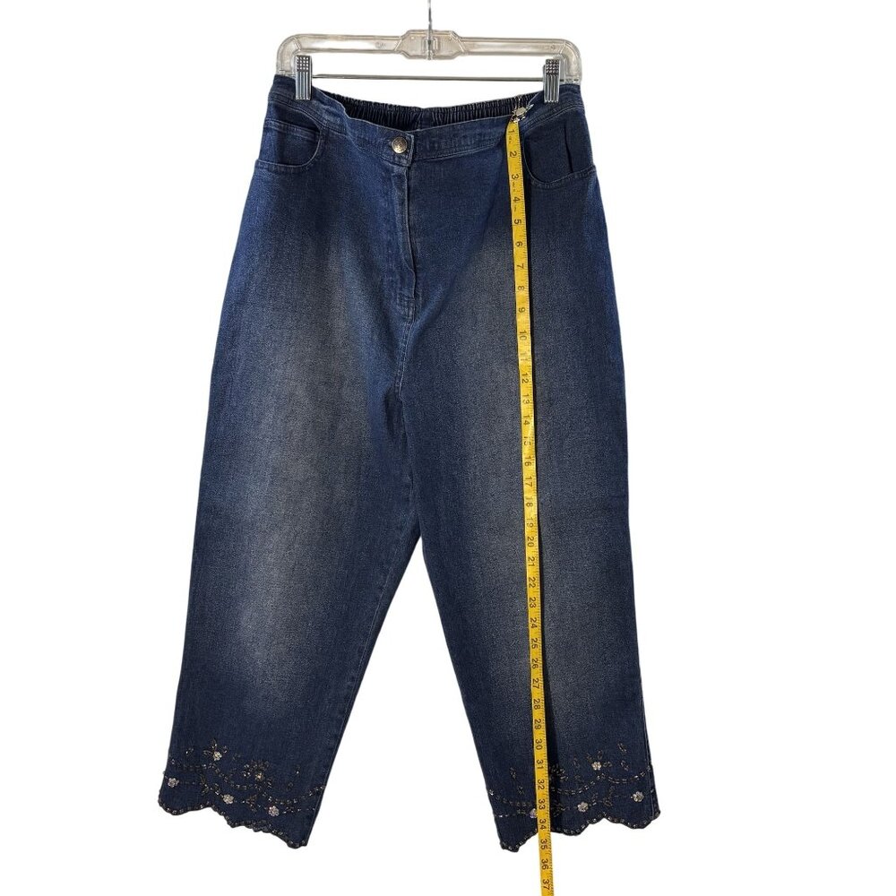 Quacker Factory Dark Wash Cropped Jeans With Sequins Detail At Hem - Picture 4 of 12